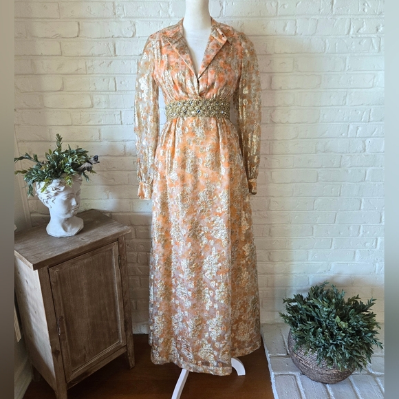 Vtg 70s Orange & Pink Floral Jacquard Maxi Dress, S/4, Party, Formal